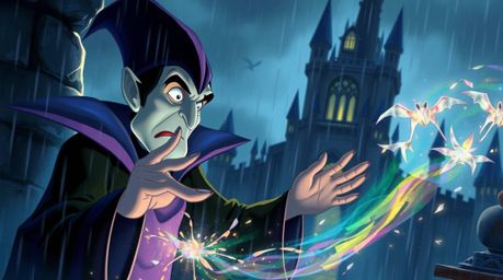 A classic Disney villain with sharp features and pale skin casts a spell within the imposing walls of a gothic castle, all un