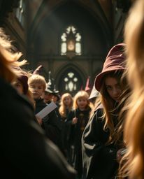 Explore the enchanting details of a magical school through extreme macro close-up photography. Witness young wizards bathed i