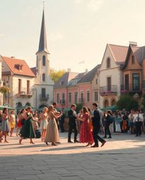 A vibrant musical number unfolds in a sun-drenched town square, awash in gentle, soft pastel hues. This peaceful scene featur