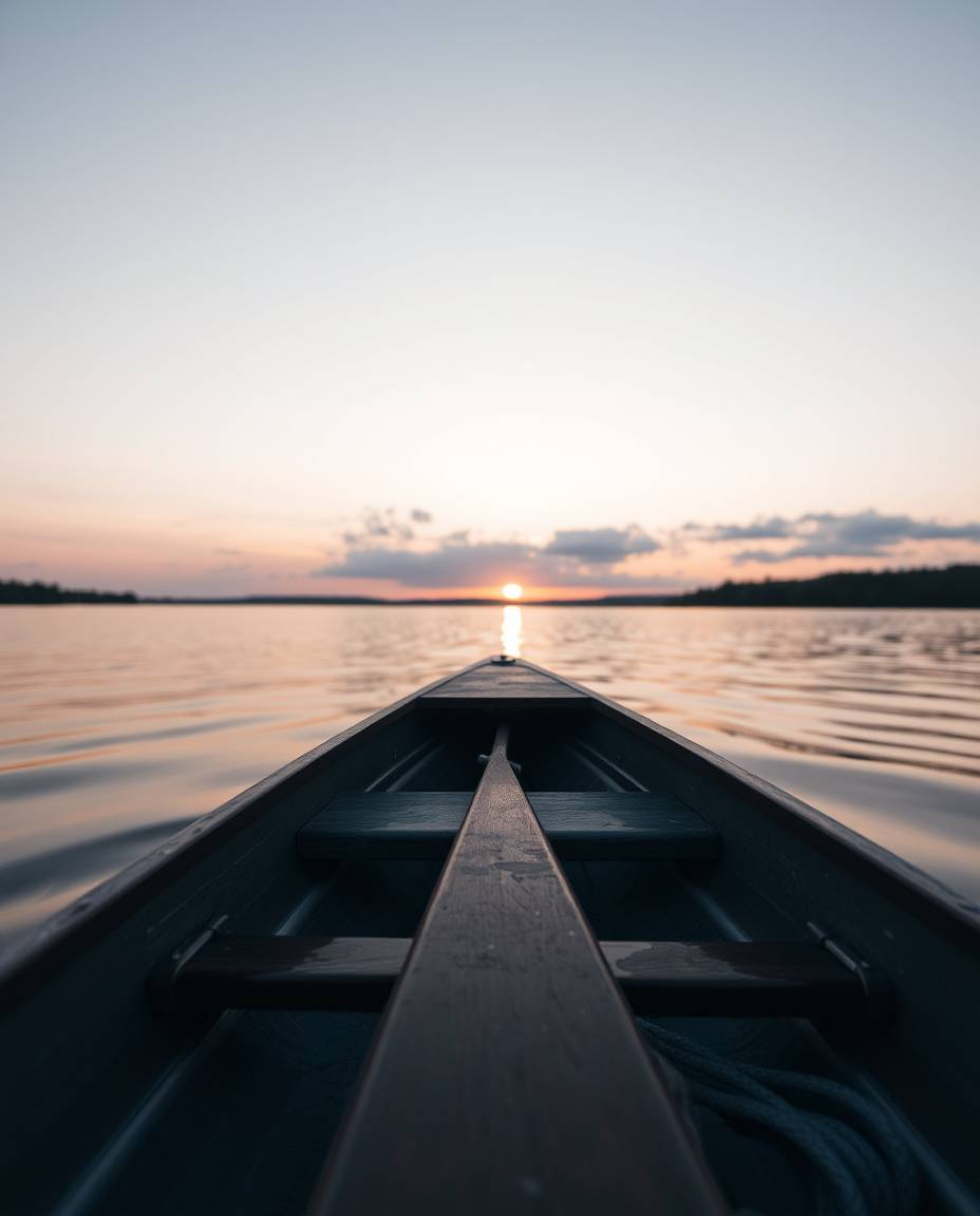 A tight close-up shot of a boat drifting on a lake at sunset, featuring a distinct split framing composition. The image empha