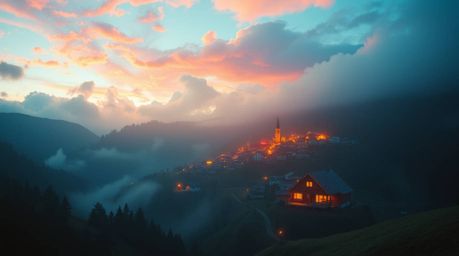 A captivating depiction of a cozy village nestled within a serene valley, bathed under the glow of a vibrant, colorful sky. T