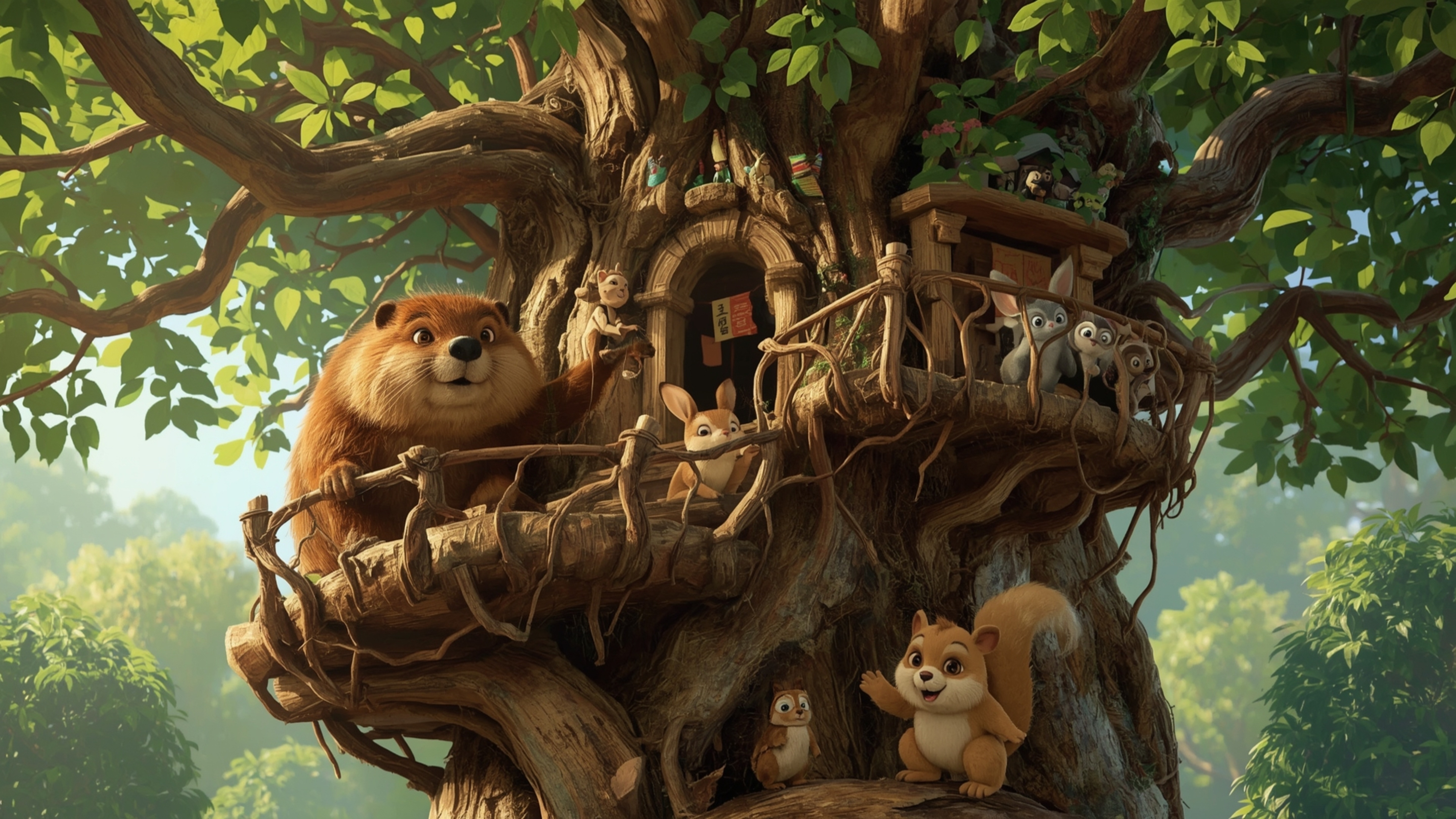 A highly detailed, high-resolution digital illustration, inspired by Pixar's whimsical style, shows a kind-eyed beaver buildi