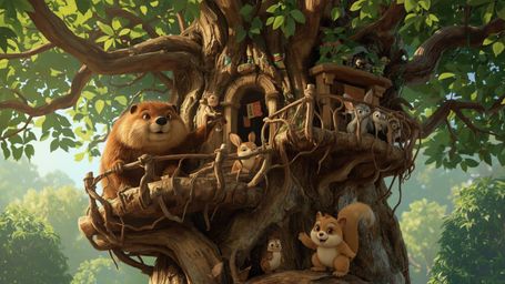 A highly detailed, high-resolution digital illustration, inspired by Pixar's whimsical style, shows a kind-eyed beaver buildi