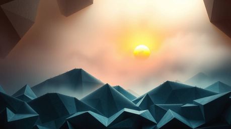 Intricate origami folds create a mystical, enchanting scene of fog-covered hills bathed in the golden light of a setting sun.
