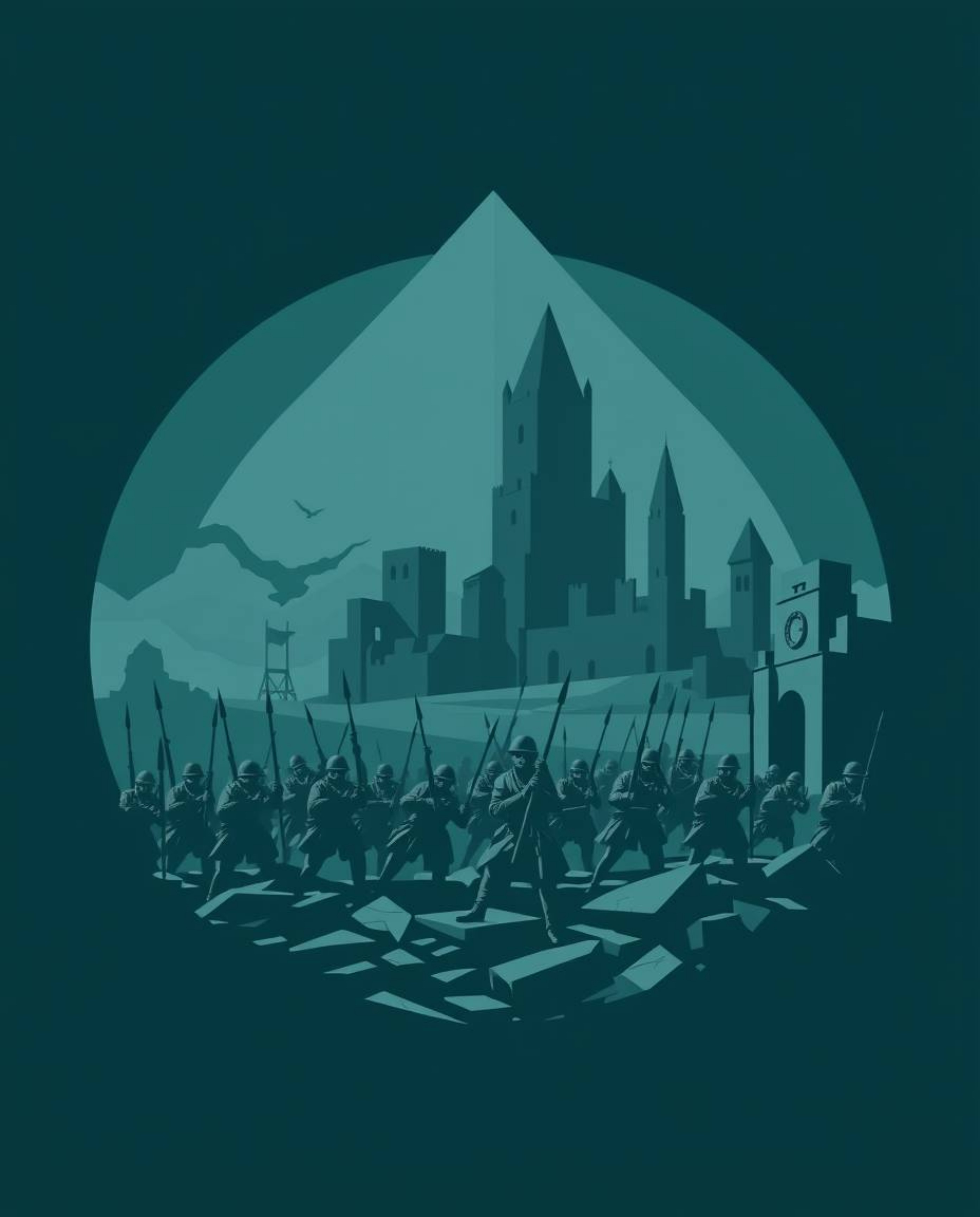 A striking logo depicting a battlefield ravaged by time, featuring time-warped soldiers and crumbling buildings rendered in r