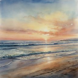 A serene watercolor painting capturing the tranquility of a quiet beach at sunrise. The artwork beautifully depicts the soft