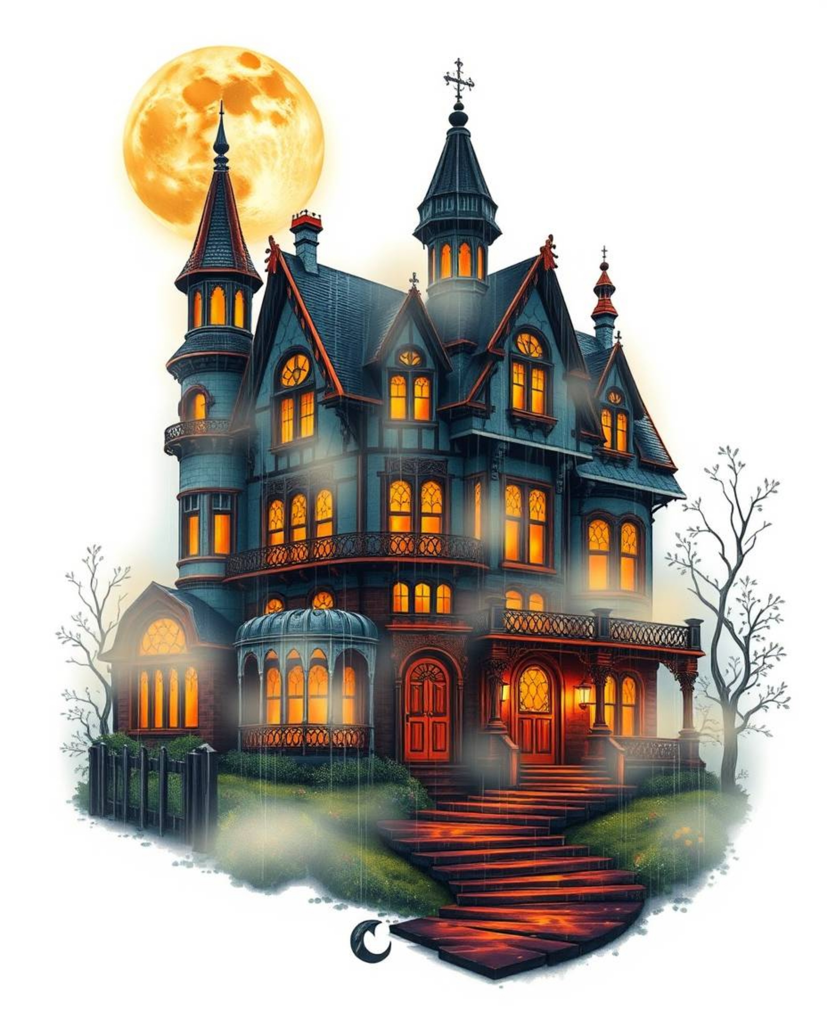 This captivating art print features a traditional tattoo style depiction of a fog-covered Victorian mansion bathed in soft mo