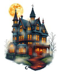 This captivating art print features a traditional tattoo style depiction of a fog-covered Victorian mansion bathed in soft mo
