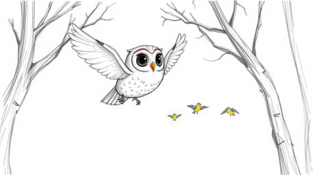 A heartwarming hand-drawn sketch in the style of Pixar depicts a wise, blind owl gliding gracefully between trees, its expres