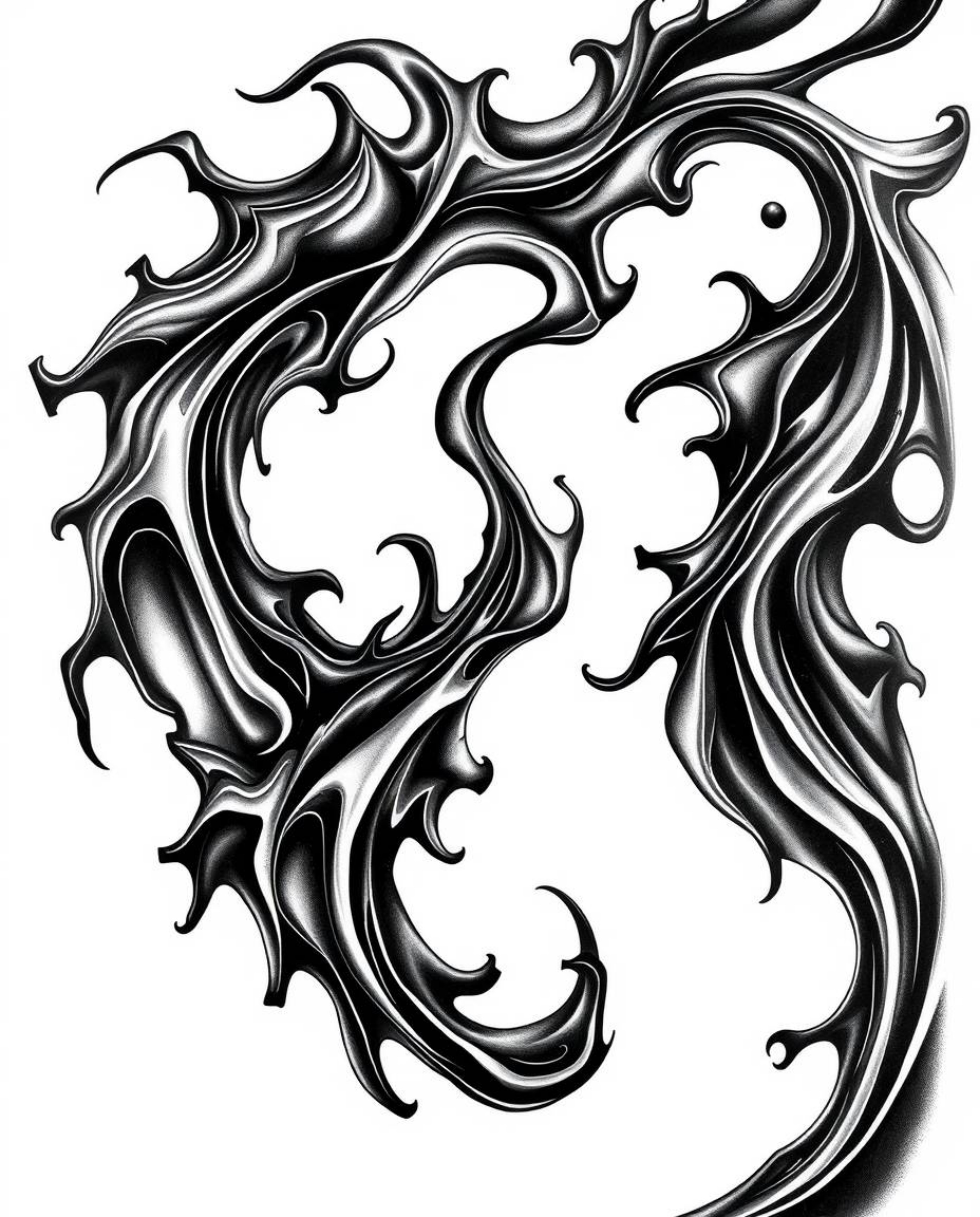 Explore the captivating realm of symbolic tattoo art with this stunning 3D illustration. Witness intense jet black fluid shap