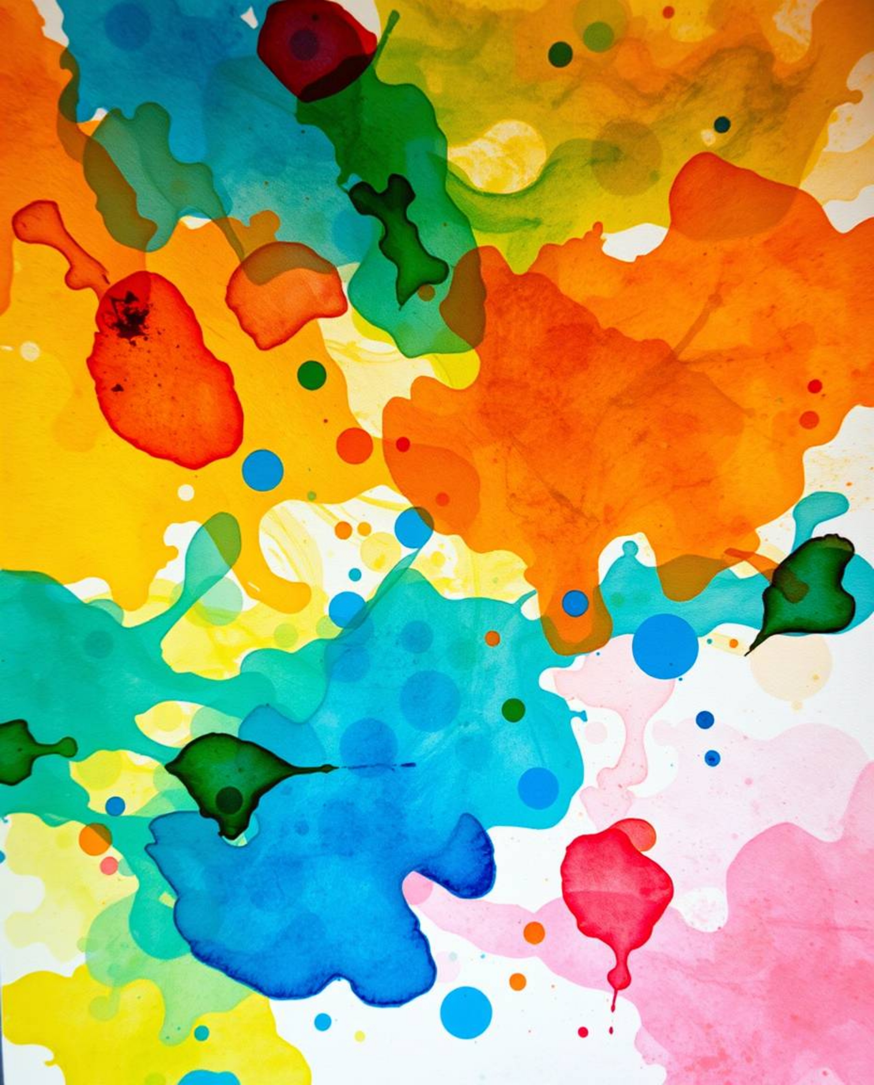 A captivating overhead shot showcasing a long exposure photograph of vibrant watercolor splashes blending harmoniously on pap