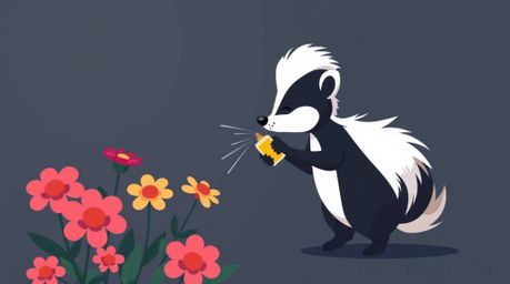 A charming cartoon skunk spraying perfume on flowers is depicted in a modern flat design, characterized by high contrast and 