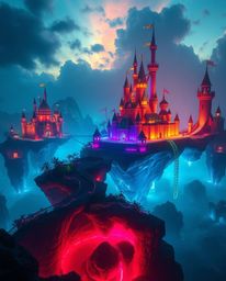 Discover a breathtaking cinematic depiction of a vibrant kingdom, featuring floating islands, majestic castles, and stunning