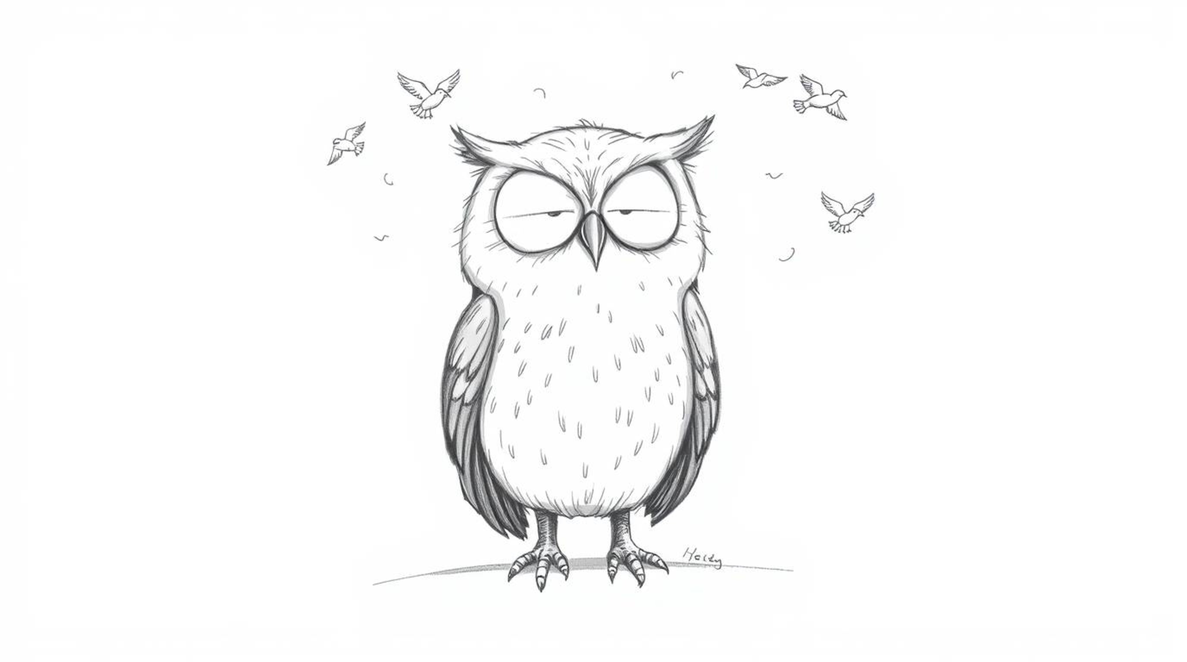 A hand-drawn sketch reminiscent of Pixar's style depicts a gentle, blind owl with soft, expressive features, peacefully perch