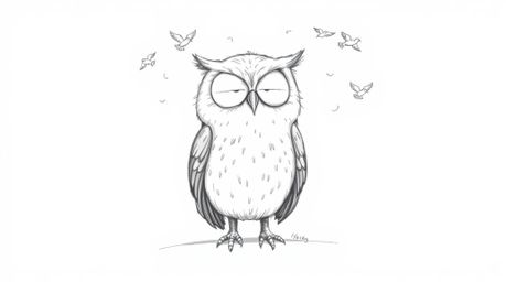 A hand-drawn sketch reminiscent of Pixar's style depicts a gentle, blind owl with soft, expressive features, peacefully perch