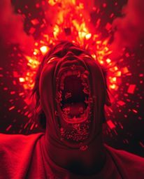 A captivating image depicting a person screaming as their world dramatically breaks apart into vibrant pixelated fragments of