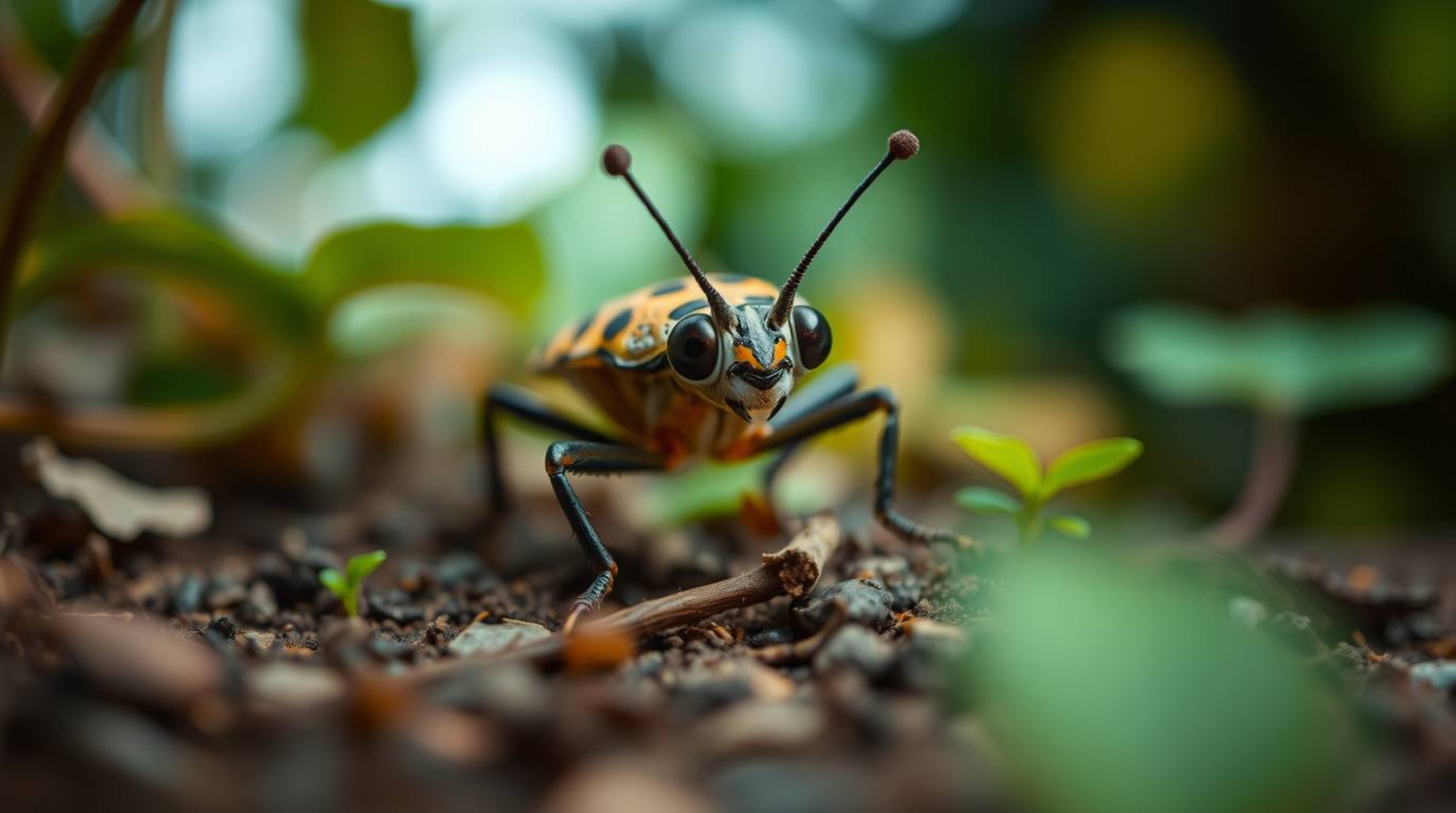 Immerse yourself in a miniature world with a bug-sized hero exploring a vibrant backyard jungle. This macro photograph featur