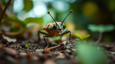 Immerse yourself in a miniature world with a bug-sized hero exploring a vibrant backyard jungle. This macro photograph featur