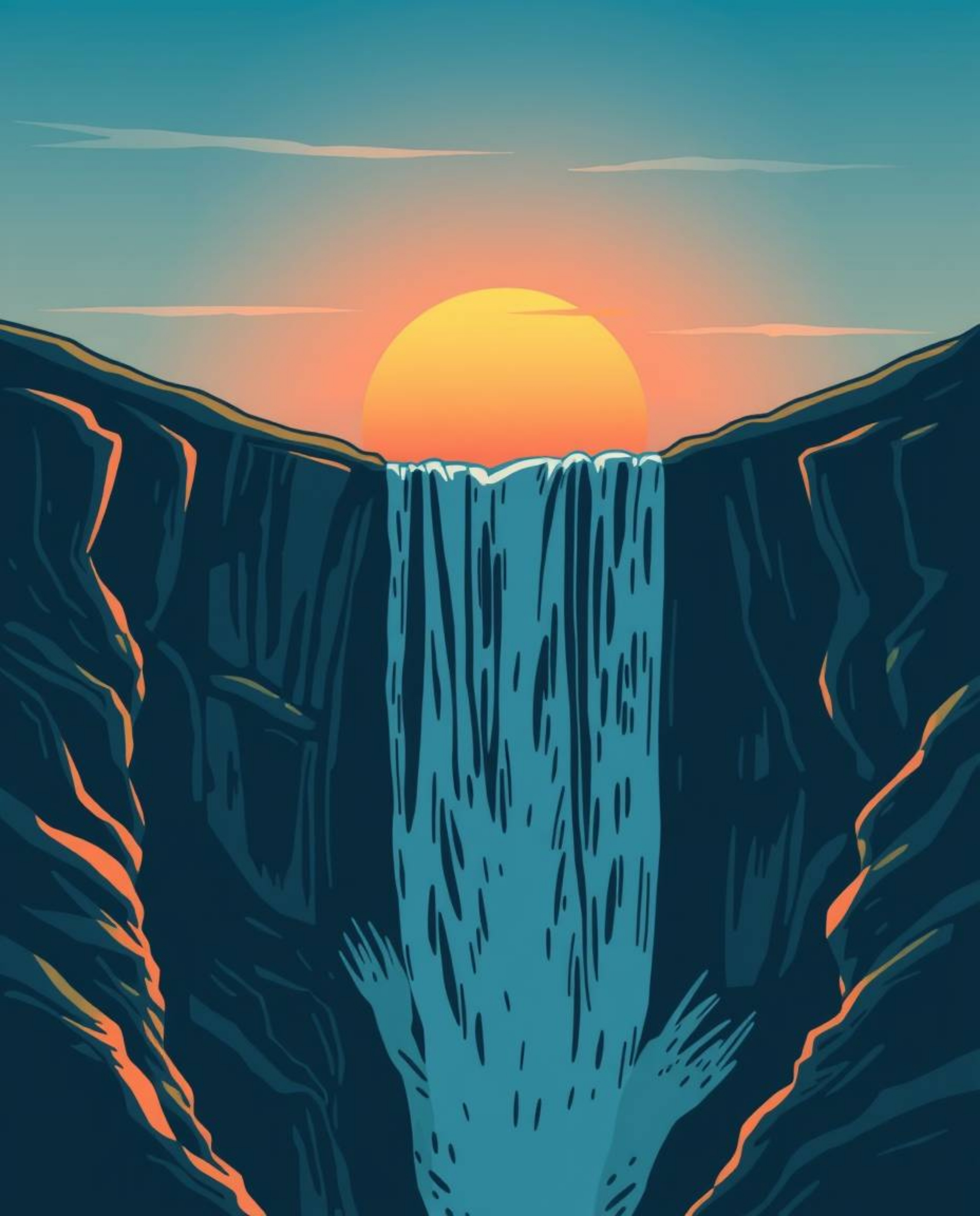 Immerse yourself in a cool-toned illustration of a sun setting behind a dramatic waterfall. This artwork is characterized by 