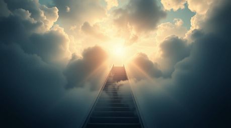A captivating cinematic image portrays a winding stairway composed of smoke and light, ascending into a vast, cloudy sky.  Th
