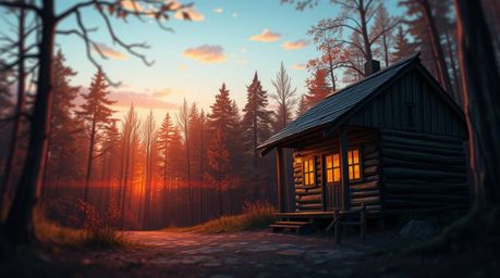 This Isekai anime-style image showcases a charming old wooden cabin nestled deep within a serene forest at sunset. The expres