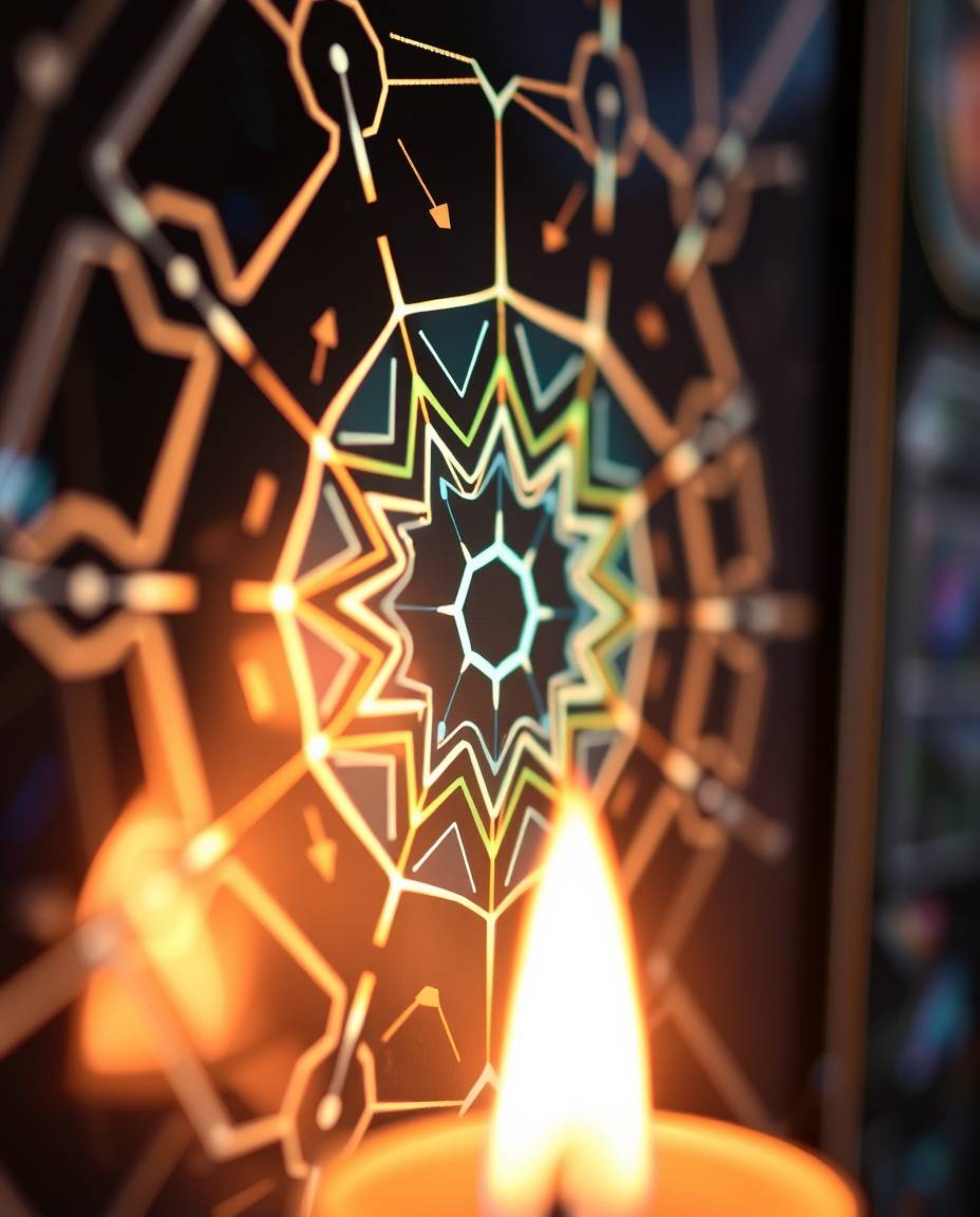 This artwork presents a close-up shot of a futuristic digital interface composed of geometric patterns and a holographic look