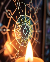 This artwork presents a close-up shot of a futuristic digital interface composed of geometric patterns and a holographic look