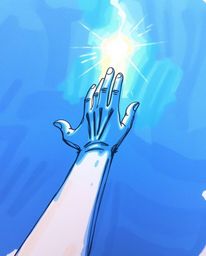 Explore a captivating hand-drawn sketch rendered in cool blues, greens, and purples. The artwork depicts a hand reaching out 