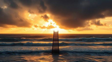 Capture the essence of a dramatic and symbolic scene with this fine art photograph featuring a silhouetted staircase emerging