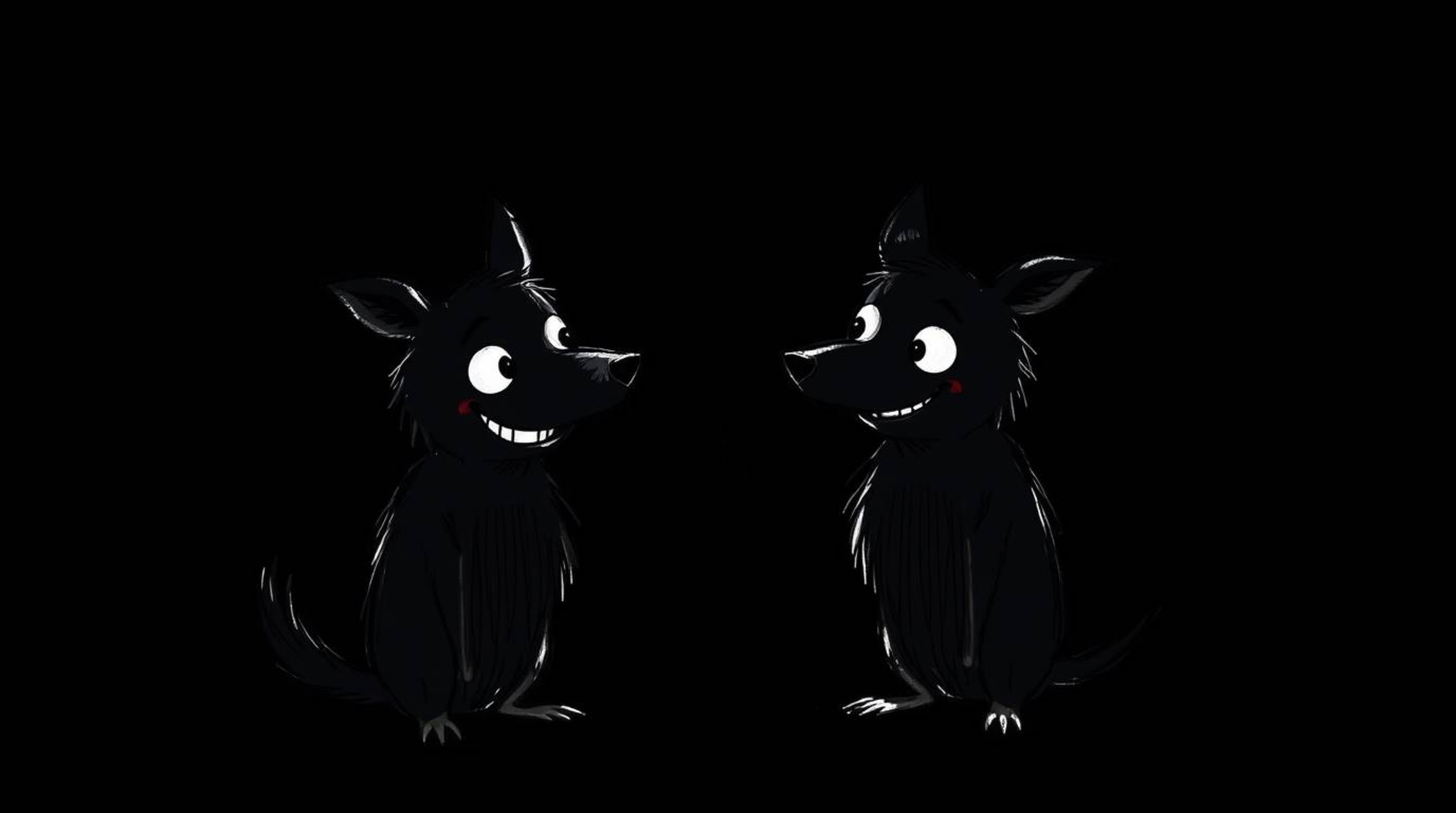 A captivating hand-drawn sketch showcases a mischievous duo of talking animals in intense jet black, rendered with deep shado