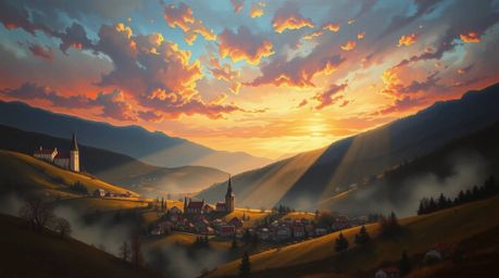 A captivating classic oil painting depicts a cozy village nestled in a picturesque valley, bathed in the vibrant hues of a co