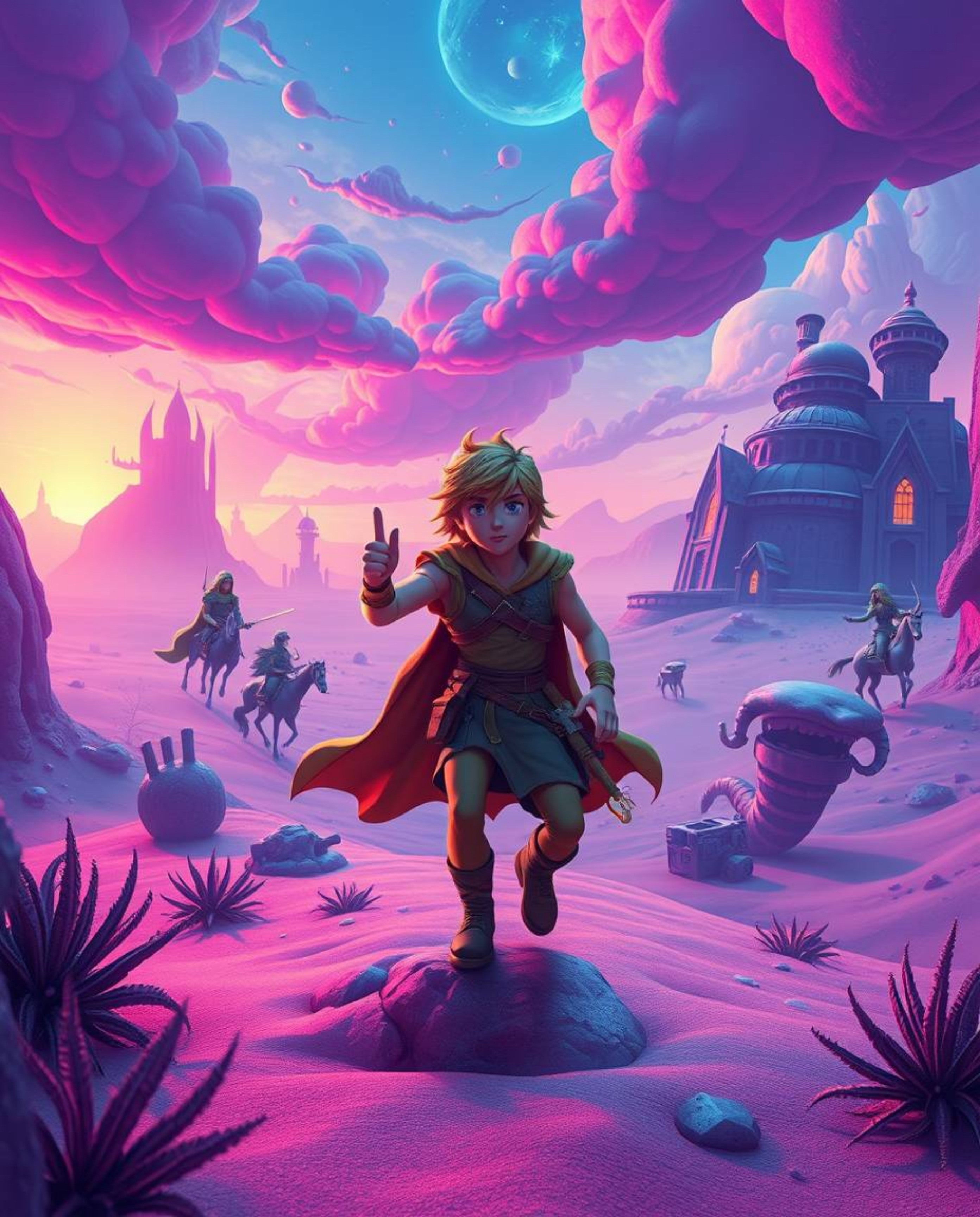 Embark on a vibrant, surreal desert adventure with a brave hero in this Disney-inspired journey.  Experience fantastical elem