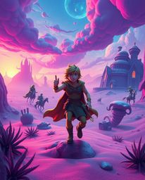 Embark on a vibrant, surreal desert adventure with a brave hero in this Disney-inspired journey.  Experience fantastical elem