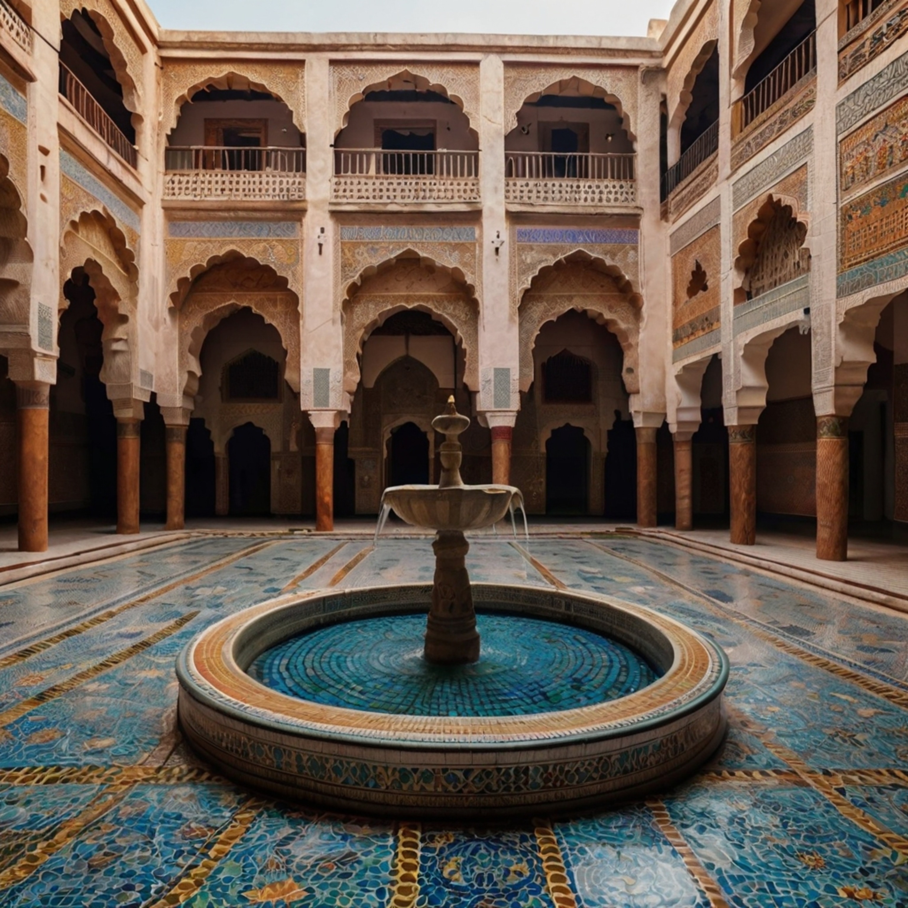 Explore the beauty of a traditional Moroccan courtyard, featuring vibrant and colorful tiles, intricate mosaics showcasing ex
