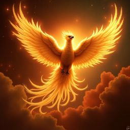 A majestic celestial phoenix with shimmering iridescent golden feathers soars through a vibrant, fiery sky of crimson, orange