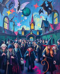This bold acrylic painting depicts a magical school teeming with young wizards. Vibrant colors and textured brushstrokes brin