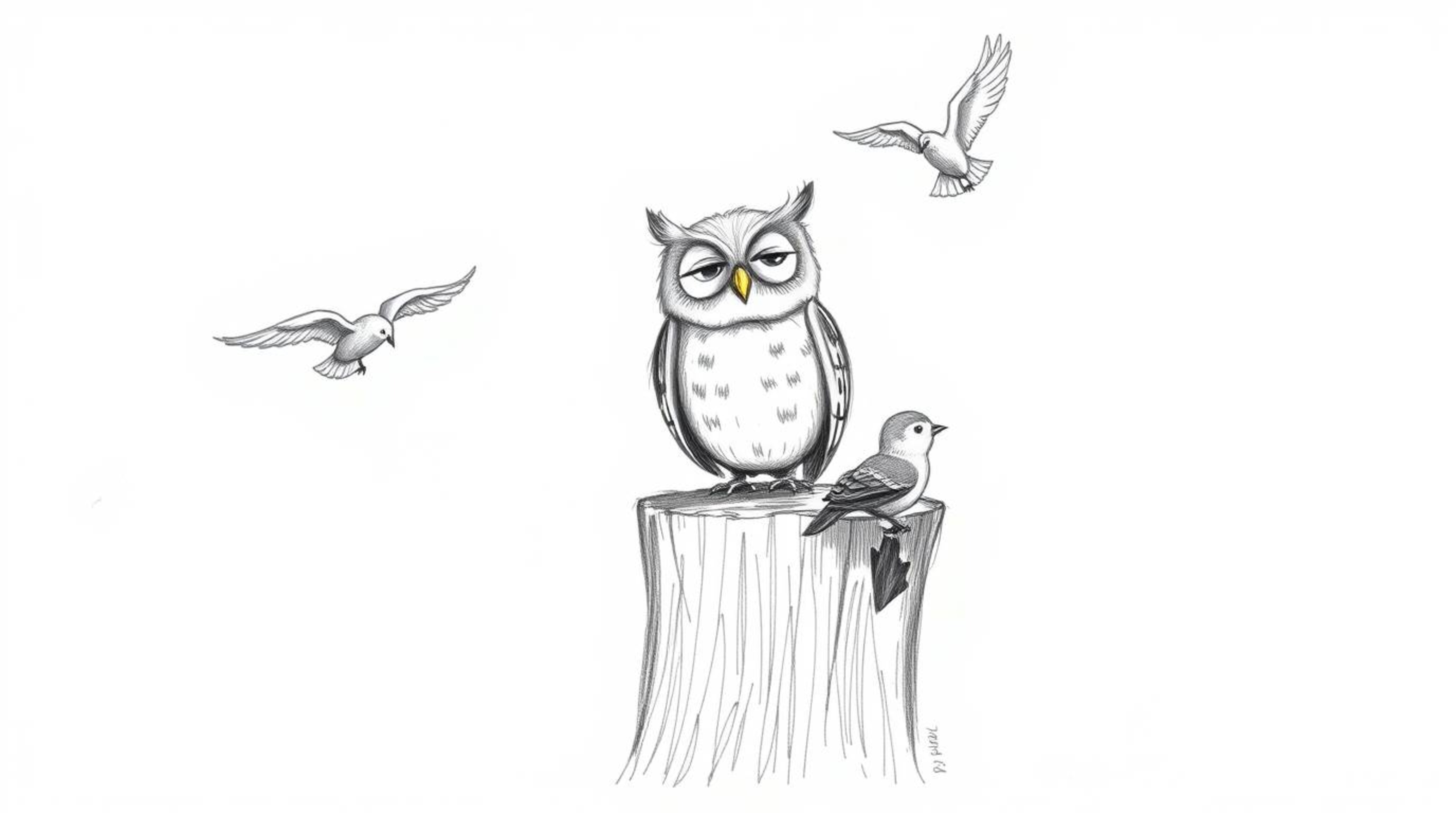 A rough, textured pencil sketch portrays a cheerful, blind owl in a Pixar-inspired style, happily perched on a weathered tree