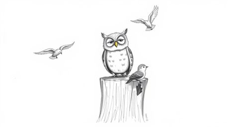 A rough, textured pencil sketch portrays a cheerful, blind owl in a Pixar-inspired style, happily perched on a weathered tree