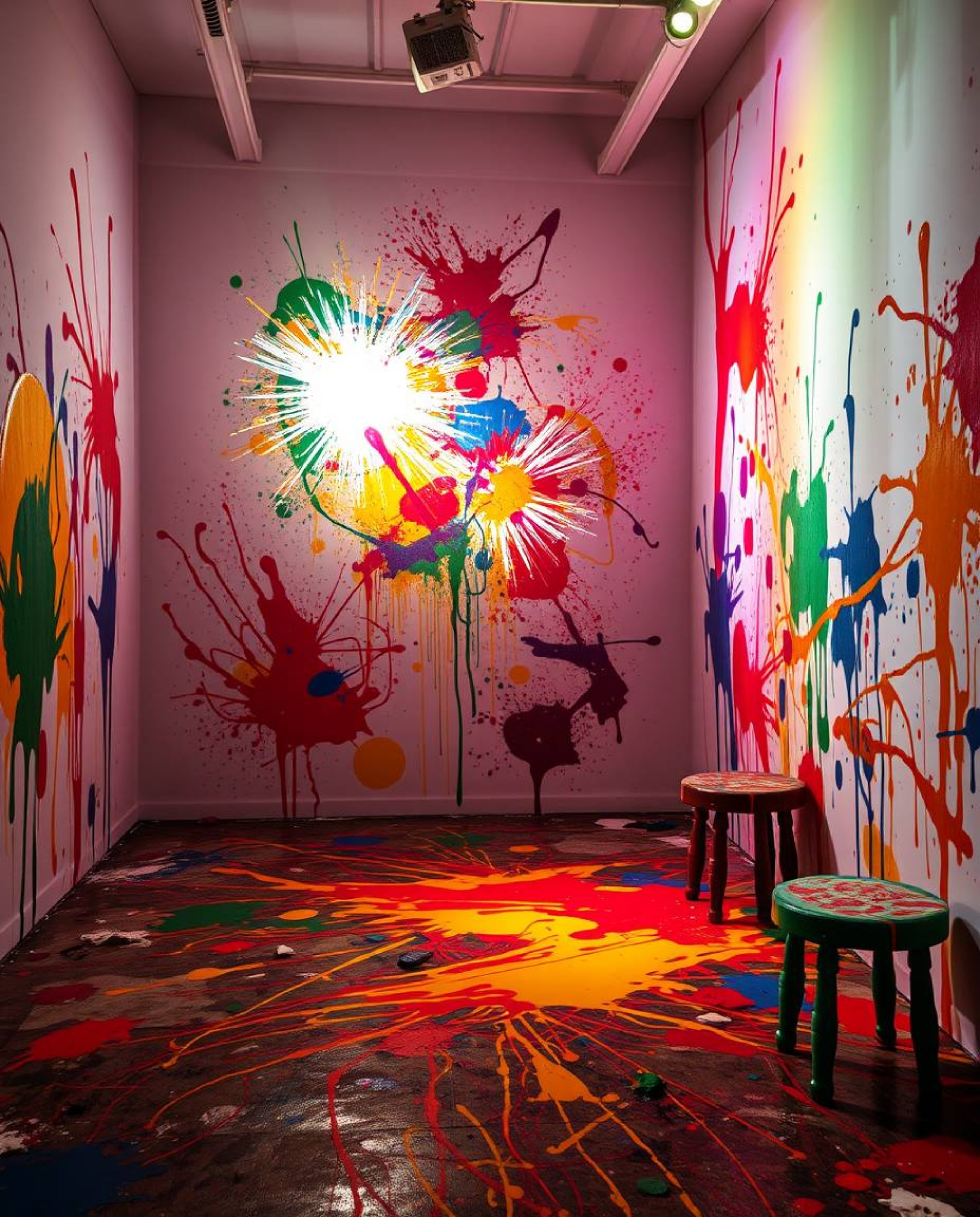 Witness a room bursting with vibrant paint, brought to life by creative artistic lighting that highlights abstract patterns a