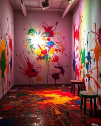 Witness a room bursting with vibrant paint, brought to life by creative artistic lighting that highlights abstract patterns a