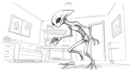 This dynamic hand-drawn sketch depicts an alien character living in a suburban house. Created with rough, textured pencil str