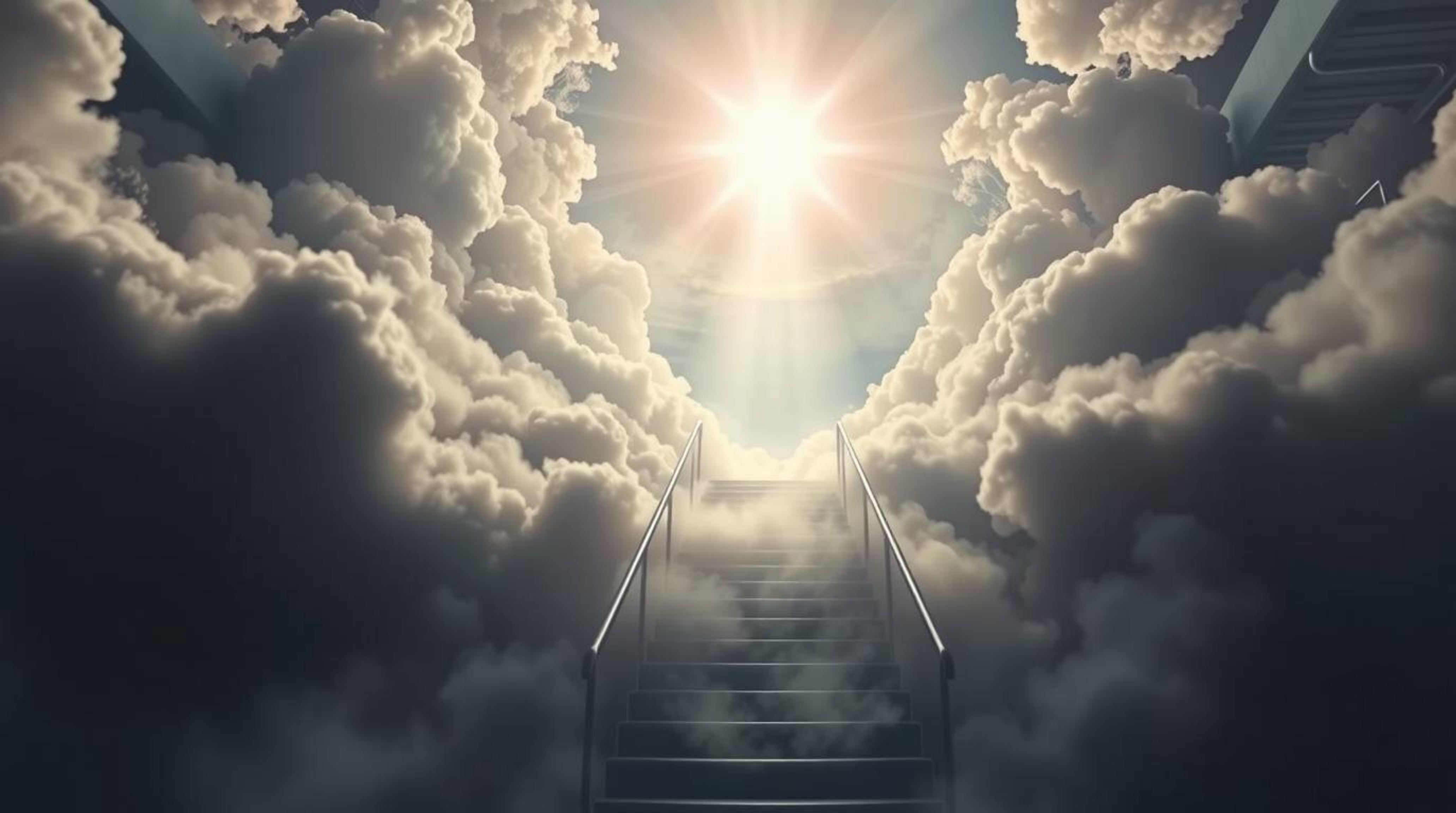 A captivating cinematic image depicts a surreal stairway ascending through ethereal smoky clouds towards a radiant celestial 
