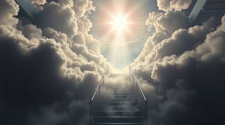 A captivating cinematic image depicts a surreal stairway ascending through ethereal smoky clouds towards a radiant celestial 