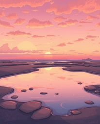 This charming illustration captures a sunset sky mirrored in tidal pools on a beach. Designed in an adorable and cute style, 