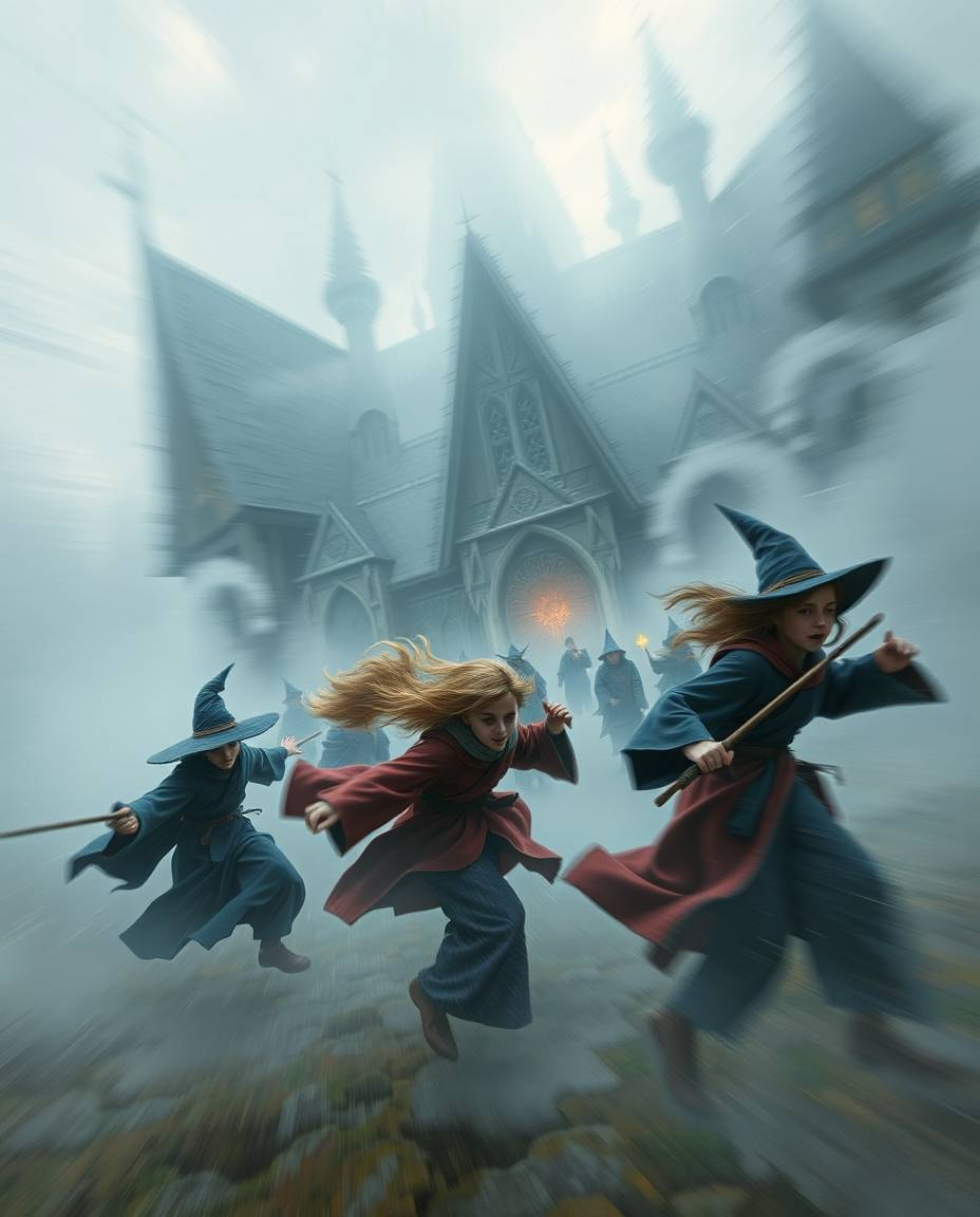 Immerse yourself in a dynamic motion painting that captures the essence of a magical school brimming with young wizards. The 