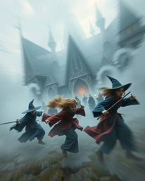 Immerse yourself in a dynamic motion painting that captures the essence of a magical school brimming with young wizards. The 