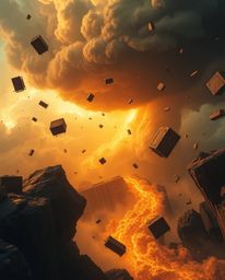 Experience a surreal storm bathed in a warm golden glow, where flying objects dance amidst broken gravity in stormy skies. Th