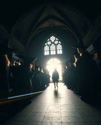 This image captures the enchanting atmosphere of a magical school teeming with young wizards.  The scene is silhouetted again