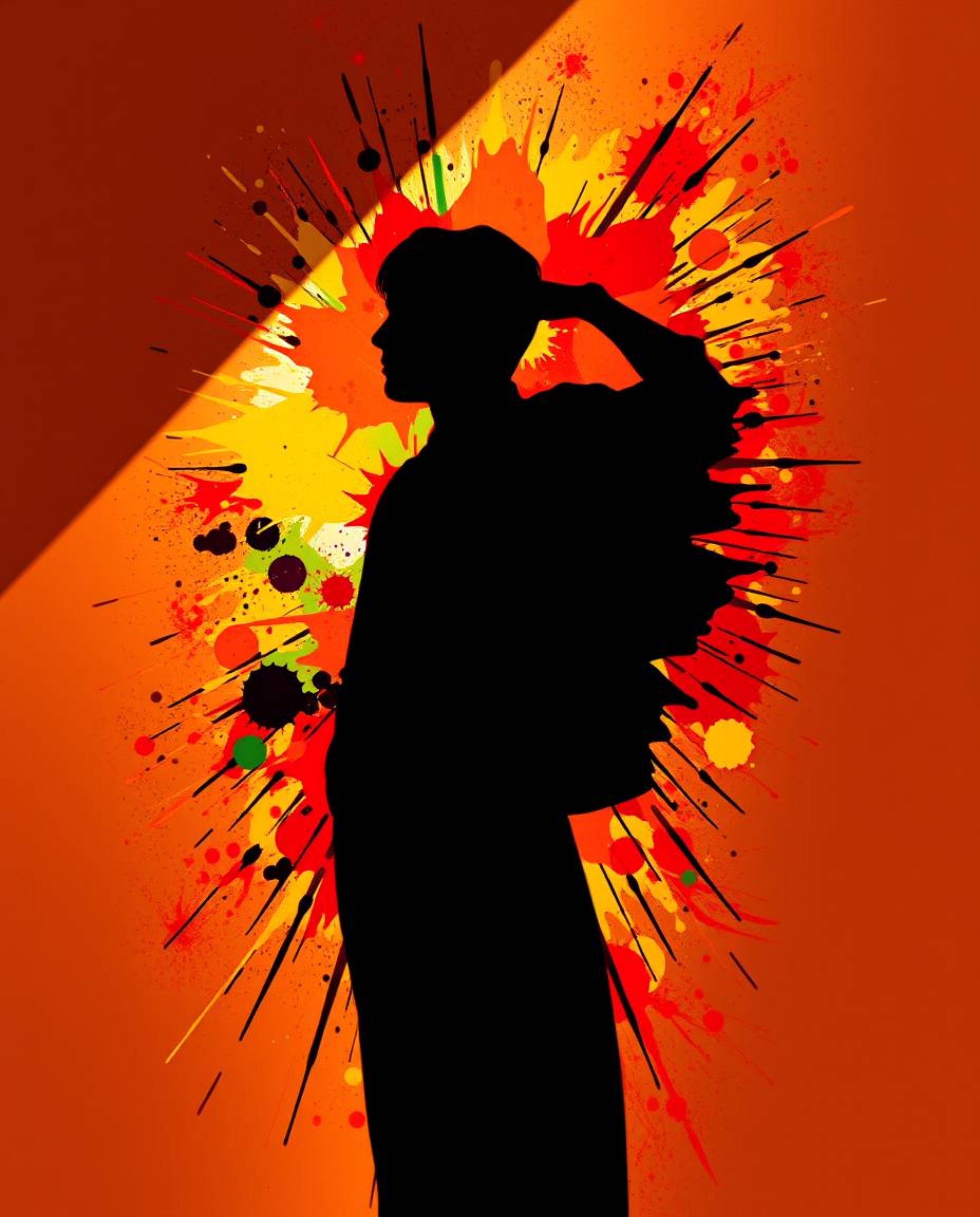 A captivating image showcasing a human silhouette formed by vibrant, colorful splash patterns.  Rendered in a modern art styl