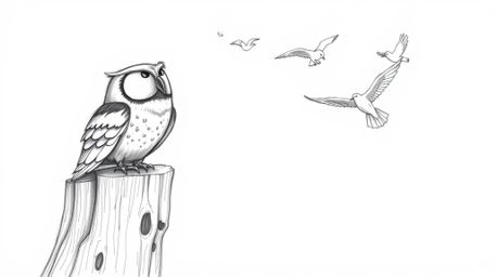 A heartwarming, hand-drawn pencil sketch in the style of Pixar depicts a kind, blind owl perched on a tree stump. He watches 